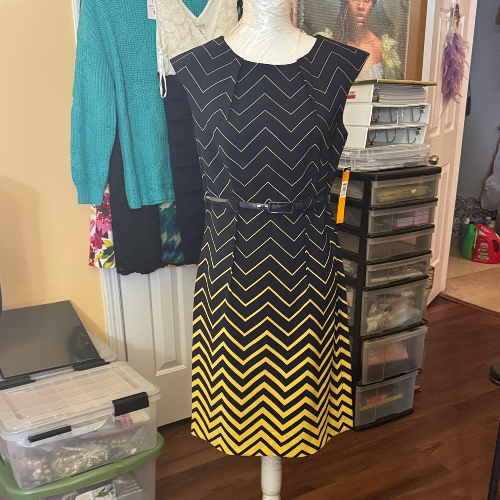 Chevron Patterned Yellow and Mavy Dress